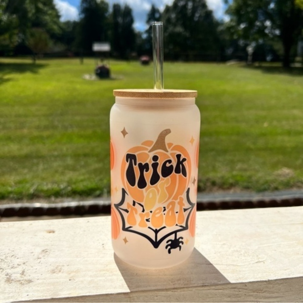 Handmade Trick or Treat Halloween 16oz Frosted Glass Cup
